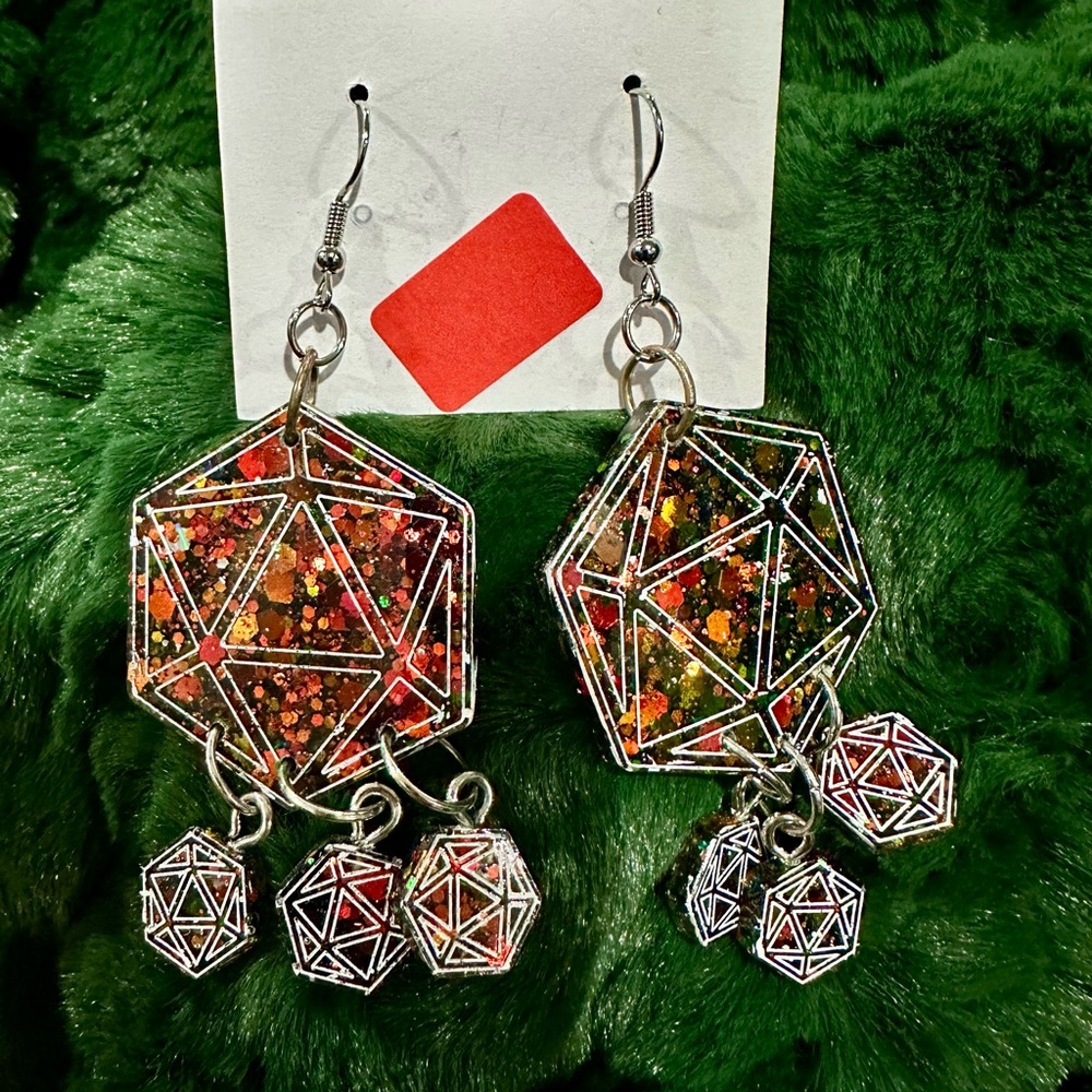D20 Silver and Red Dangle Earrings